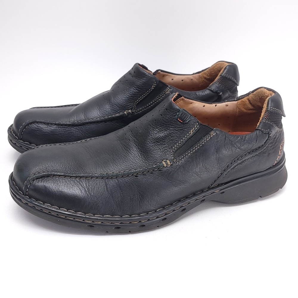 CLARK Un Structured Men's 12 M Shoes Black Leather Casual Loafers